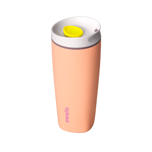 SmoothSip Slider 20oz, peach orange body with white lid and yellow slider button